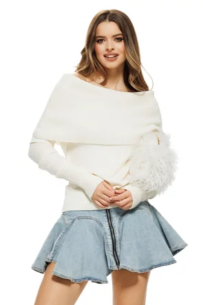 Pulover dama elegant premium crem cu guler amplu pe umeri