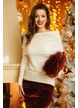 Pulover dama elegant premium crem cu guler amplu pe umeri
