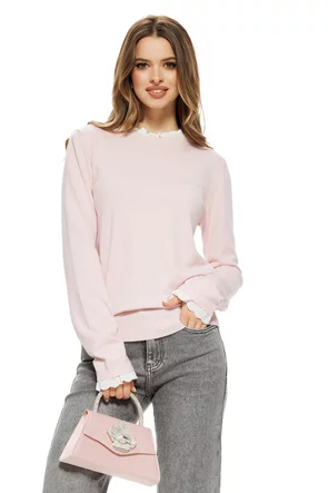 Pulover dama elegant roz bebe premium din casmir bumbac si volanase de dantela alba