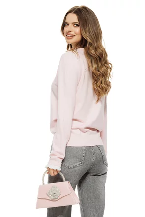 Pulover dama elegant roz bebe premium din casmir bumbac si volanase de dantela alba