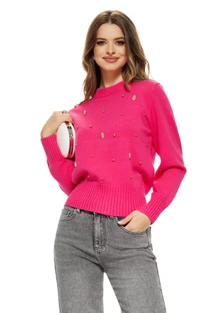 Pulover dama elegant roz ciclame din casmir bumbac si lana cu aplicatii de cristale si perlute aurii