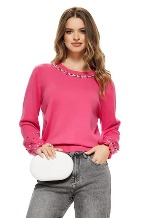 Pulover dama elegant roz ciclame din casmir bumbac si lana cu perlute si cristale in zona colierului si a mansetelor