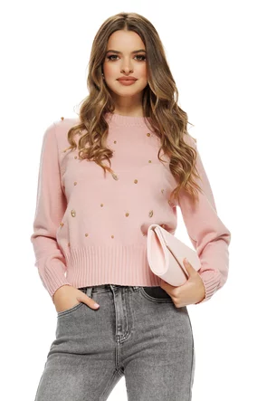 Pulover dama elegant roz din casmir bumbac si lana cu aplicatii de cristale si perlute aurii