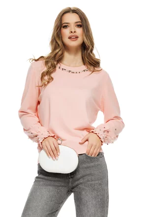 Pulover dama elegant roz din casmir bumbac si lana cu perlute si cristale in zona colierului si a mansetelor