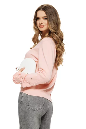 Pulover dama elegant roz din casmir bumbac si lana cu perlute si cristale in zona colierului si a mansetelor