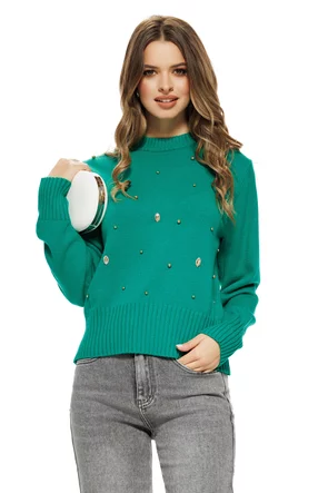 Pulover dama elegant verde intens din casmir bumbac si lana cu aplicatii de cristale si perlute aurii