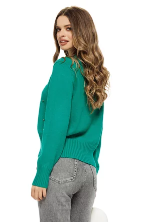 Pulover dama elegant verde intens din casmir bumbac si lana cu aplicatii de cristale si perlute aurii