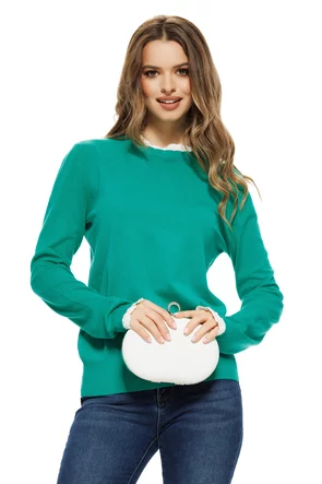 Pulover dama elegant verde intens premium din casmir bumbac si volanase de dantela alba