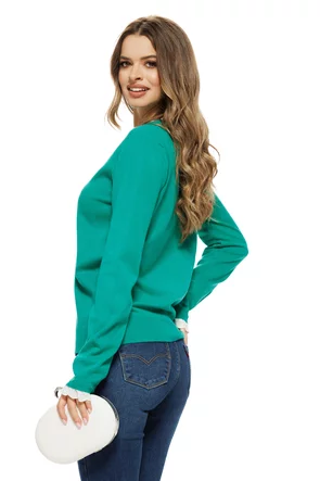 Pulover dama elegant verde intens premium din casmir bumbac si volanase de dantela alba