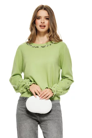 Pulover dama elegant verde lime din casmir bumbac si lana cu perlute si cristale in zona colierului si a mansetelor