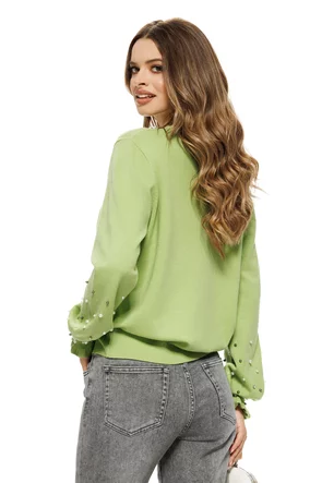 Pulover dama elegant verde lime din casmir bumbac si lana cu perlute si cristale in zona colierului si a mansetelor