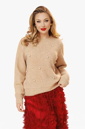Pulover dama festiv premium bej cu fir de lurex perle si cristale