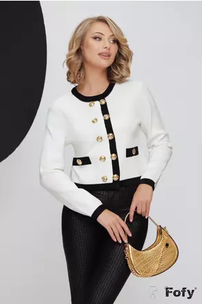 Pulover dama premium alb stil jacheta cu contururi negre si nasturi aurii