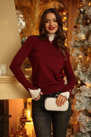 Pulover dama premium bordo cu volane plisate conturate cu negru