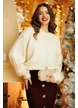 Pulover dama premium elegant din tricot crem cu maneci paietate