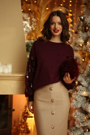 Pulover dama premium festiv bordo cu maneci din dantela si paiete