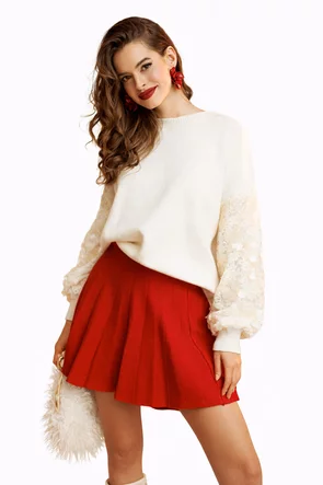 Pulover dama premium festiv crem cu maneci din dantela si paiete