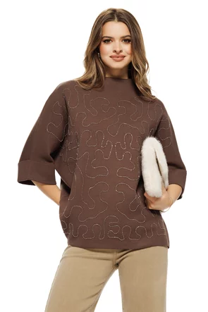 Pulover dama premium maro cu maneca fluture si aplicatii de margele argontii