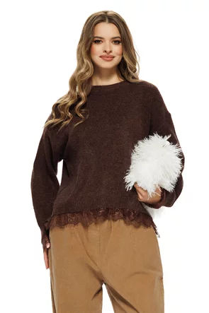 Pulover dama premium maro cu spate petrecut si aplicatii de dantela