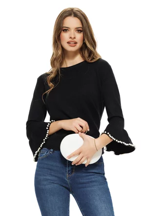 Pulover dama premium negru cu maneci clopot conturate cu perle