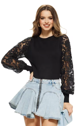 Pulover dama premium negru cu maneci din dantela premium si manseta lata