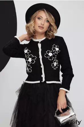 Pulover dama premium negru stil jacheta cu floricele 3D si aplicatii de perle si strassuri