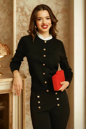 Pulover dama premium negru stil jacheta cu nasturi aurii si volan din bumbac alb