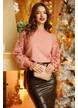 Pulover dama premium roz cu maneci din dantela si mansete late cu volanas