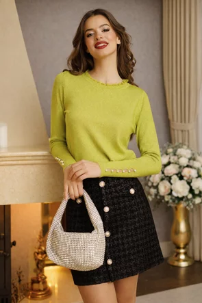 Pulover dama premium verde lime cu fir de lurex manseta lata cu perle decolteu conturat cu dantela