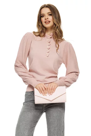 Pulover dama roz bebe premium cu masete late volanase si nasturi cu perlute