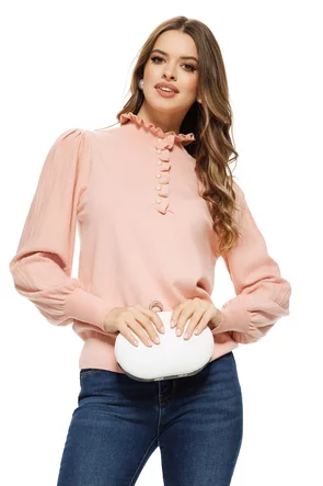 Pulover dama roz pudra premium cu masete late volanase si nasturi cu perlute