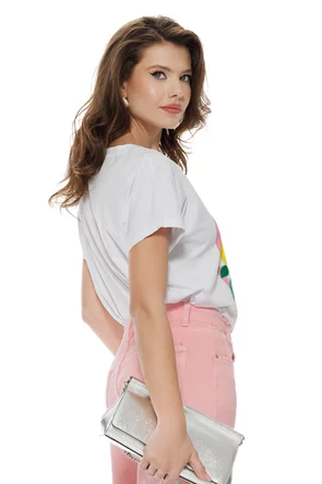 Tricou dama alb premium imprimeu Amalfi roz