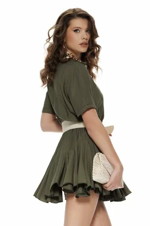 Rochie casual din vascoza olive stil camasa si fustita cu volane