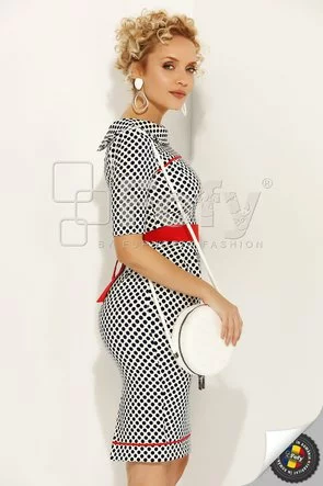 Rochie  Fofy cu buline bleumarin și cordon roșu