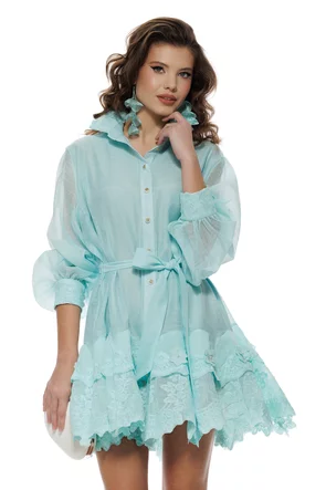 Rochie damă aqua eleganta diafana din organza cu volane si aplicatii de dantela