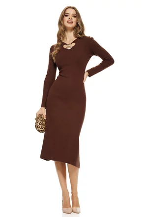 Rochie dama eleganta din tricot maro premium cu accesoriu metalic spectaculos