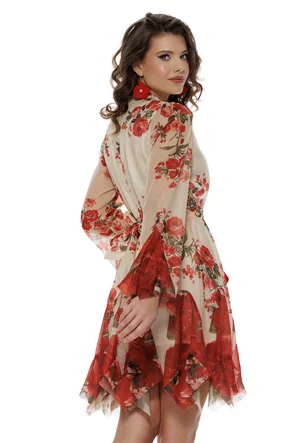 Rochie damă eleganta din voal imprimeu floral rosu si volane in colturi
