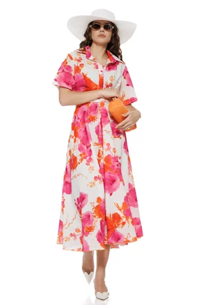 Rochie damă Fofy midi cu imprimeu floral portocaliu cu roz, croi tip cămașă și cordon în talie