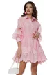 Rochie damă roz eleganta diafana din organza cu volane si aplicatii de dantela