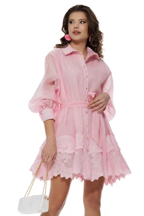 Rochie damă roz eleganta diafana din organza cu volane si aplicatii de dantela