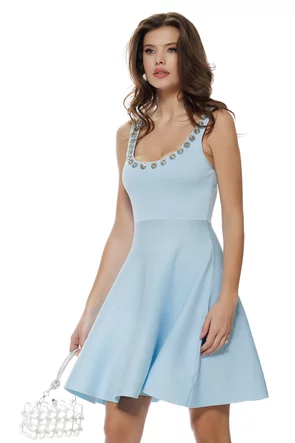 Rochie dama tricotata premium bleu cu aplicatii de cristale maxi pe decolteu