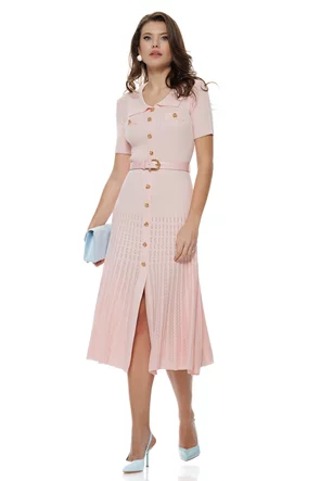Rochie dama tricotata premium roz  cu nasturi sofisticati curea si plise structurat