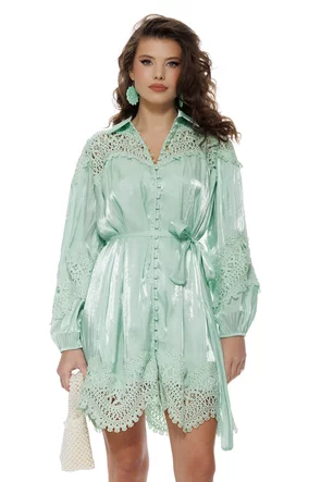 Rochie damă verde menta eleganta diafana din organza satinata broderie aplicata