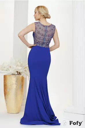 Rochie de ocazie de LUX albastru royal cu spatele transparent si aplicatii de perle si cristale