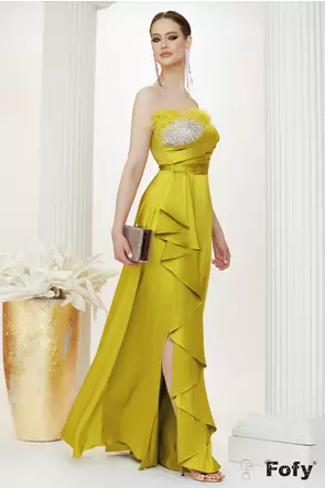 Rochie de ocazie de LUX din tafta satinata lime cu bust fronsat pene si cristale