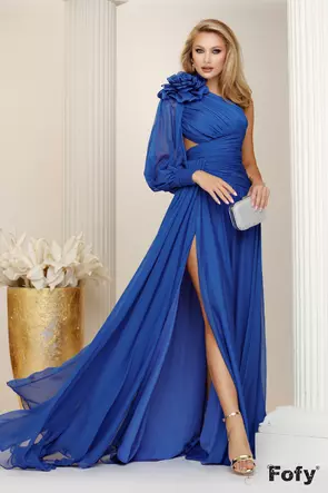 Rochie de ocazie de LUX din voal albastru royal cu fronseuri si floare maxi