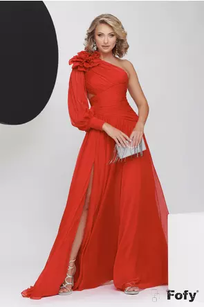 Rochie de ocazie de LUX din voal rosu cu fronseuri si floare maxi