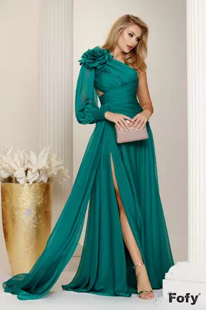 Rochie de ocazie de LUX din voal verde royal cu fronseuri si floare maxi