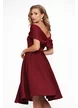 Rochie de ocazie eleganta bordo din neopren pe umeri cu fusta in pliuri si cristale