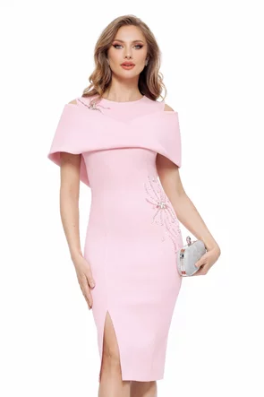 Rochie de ocazie eleganta roz din neopren cu design inedit si aplicatii de cristale